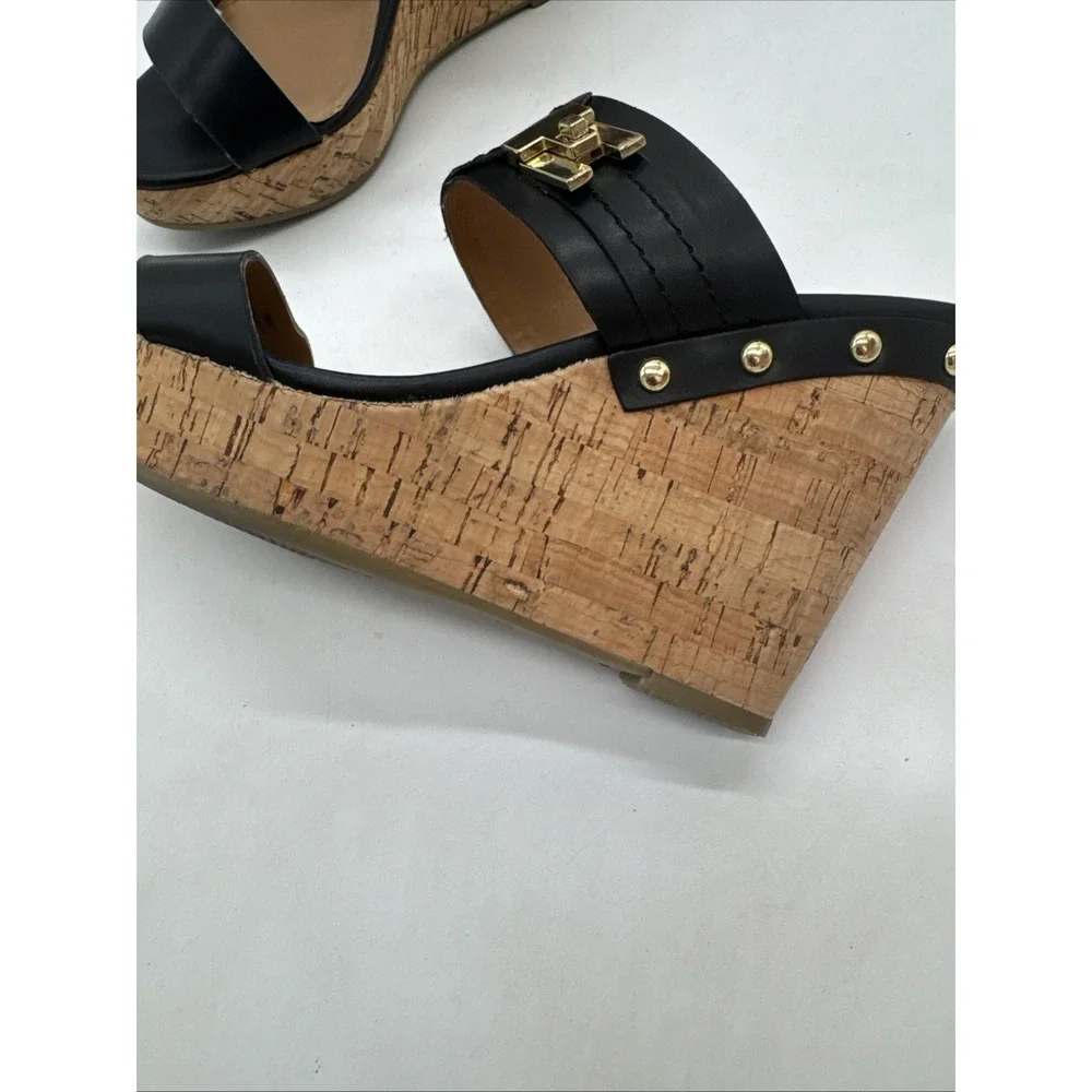 Tommy Hilfiger Cork Wedge Sandals Twmadasen Black Size 7.5